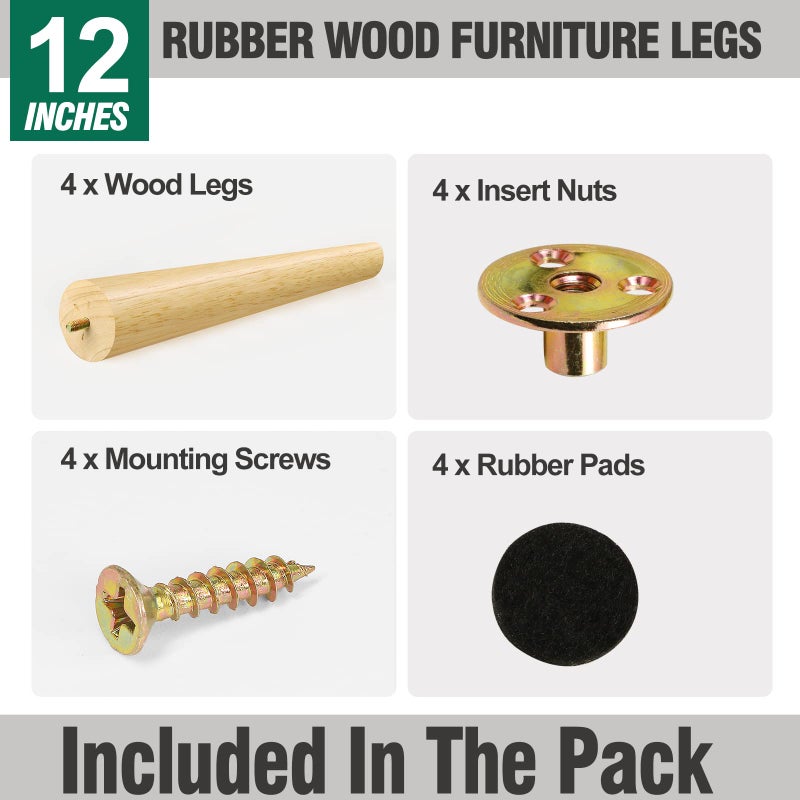 FoDau770 Rubber Wood Furniture Legs 12 Inches, Slant Tapered Wood Legs Mid Century Sofa Legs Set of 4, 5/16"" UNC Furniture Feet Replacement Legs for Cabinet Sofa Couch Dresser Chair Ottoman Table - Image 2